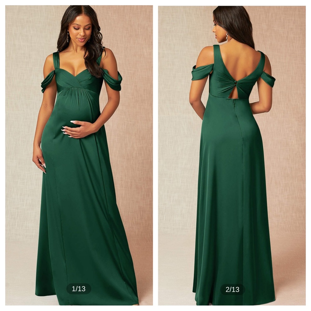 Azazie Rhea Maternity Bridesmaid Dress Gown Dark Green Stretch Satin NWT Size 22